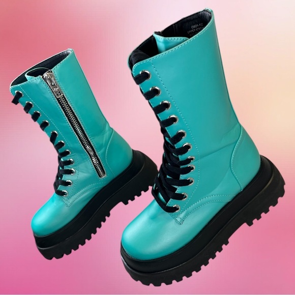 Dolls Kill | Current Mood Teal Platform Combat Boots - Picture 3 of 10
